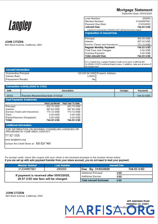 Blank USA Langley Federal Credit Union bank mortgage statement in Word and PDF formats example